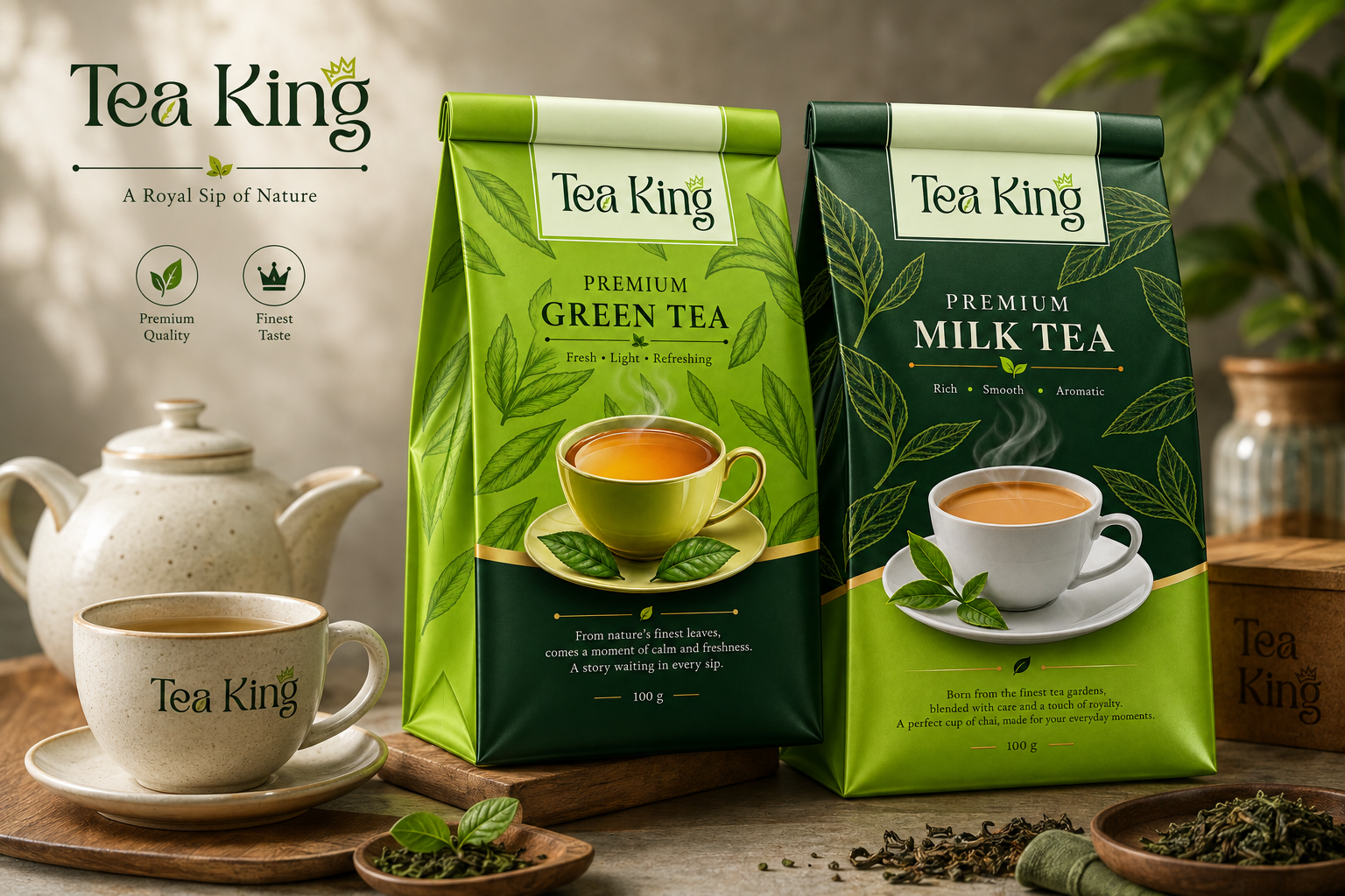 Tea King green tea and milk tea packaging design