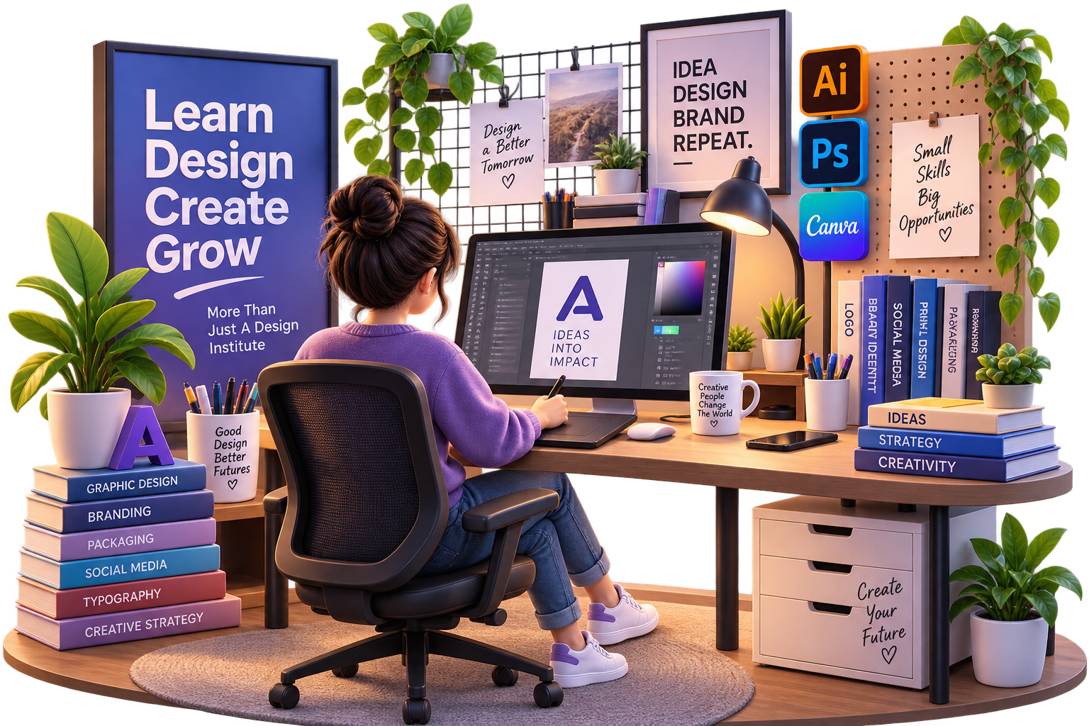 A designer working at a desk with a graphics tablet, surrounded by design posters, books and plants